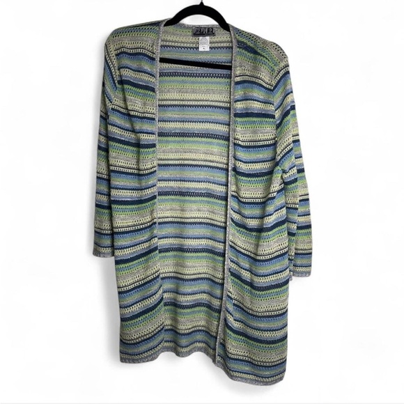 212 New York Crochet Knit Cardigan XL Blue Green Lightweight Boho - Picture 1 of 6